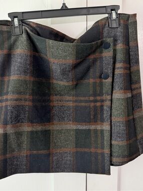 Maison Cinqcet Plaid Wrap Mini Skirt in Forest Green and Brown